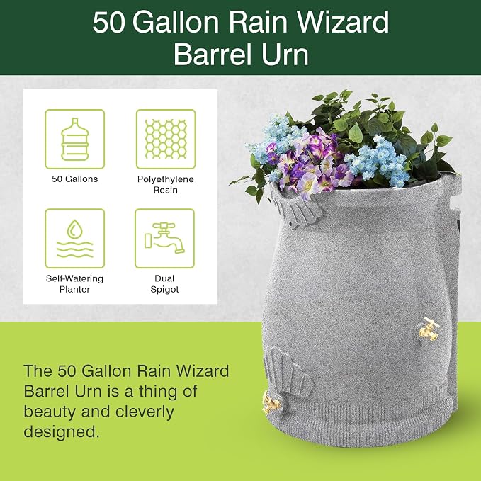 Good Ideas Rain Wizard 50 Gallon Rain Saver Barrel Water Storage Urn with Planter Space and 2 Brass Spigots, Light Granite (3 Pack)