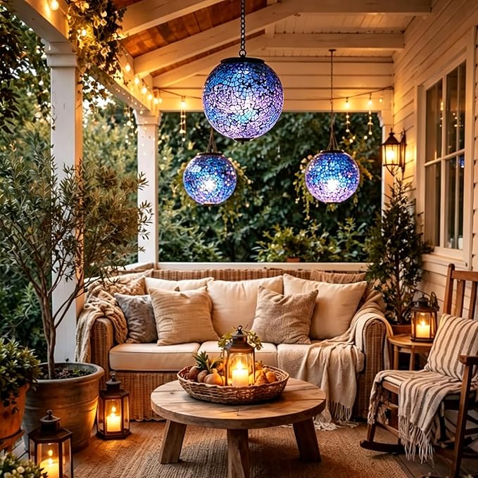 Solar Hanging Lantern Solar Outdoor Lanterns Mosaic Gazing Ball Outdoor Hanging Lights Outdoor Lights Waterproof Garden Patio Pathway & Yard Décor Blue