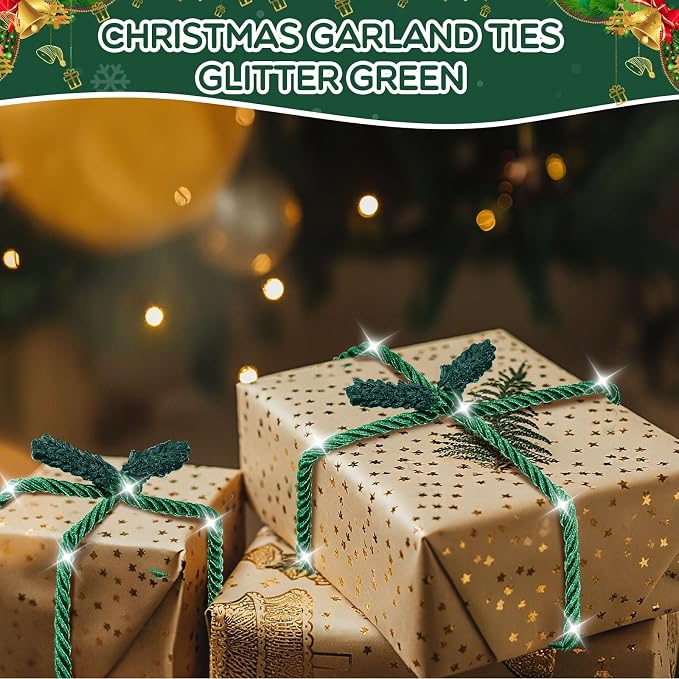 Zhengmy 16 Pcs 20 Inches Christmas Garland Ties Christmas Decorative Twist Ties for Banister Reusable and Flexible Twist for Xmas Home Decorations Holiday Craft Wrapping (Glitter Green)