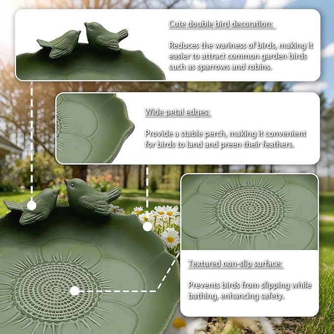 Ceramic Bird Bath for Outside, 9.45 Inch Ground Bird Bath Bowl with Double Bird Design, Outdoor Birdbath for Garden, Tabletop, Deck, Balcony, Lawn (Light Green)