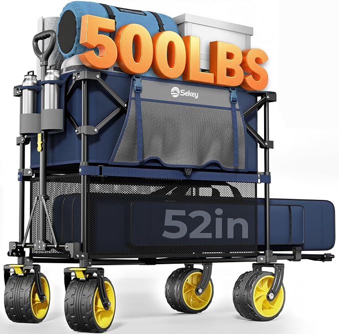Sekey 500LBS Heavy Duty Double Decker Wagon with Extender, 400L Large Capacity Collapsible Garden Cart Fits 10x10 Canopy, All-Terrain Big Wheels with Brakes, Foldable Utility Wagon for Sports, Camping