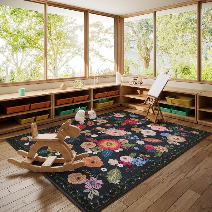 8x10 Area Rugs for Living Room: Washable Rug Non Slip Low Pile Soft Faux Wool Non Shedding Vintage Floral Large Carpet for Bedroom Dining Room Kitchen Nursery Under Table Home Office Farmhouse Indoor