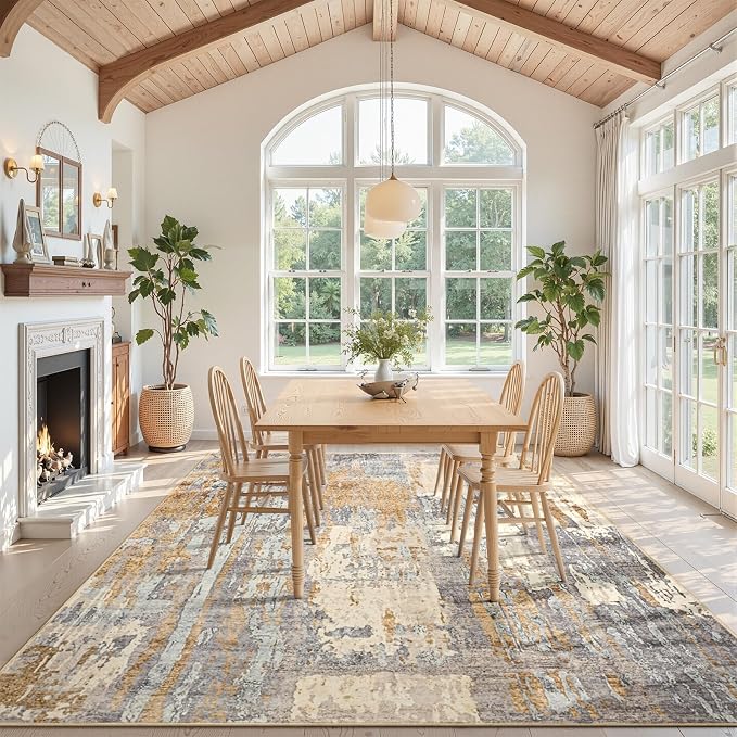 Toneed Washable 8x10 Camel Area Rug with Non-Slip Backing for Living Room | Abstract Modern Rugs, Soft Low Pile Carpet for Bedroom Kitchen Dining Room Nursery Indoor Floor Office Home Decor