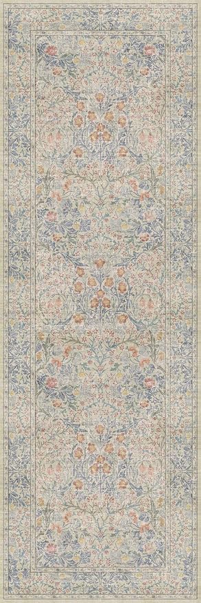 Washable Bathroom Runner Rug 2x6 - Long Runner Rugs for Laundry Room, Bedroom, 24 x 72 Kitchen Floor Mat - Non Slip Vintage Design Décor, Beige Blue