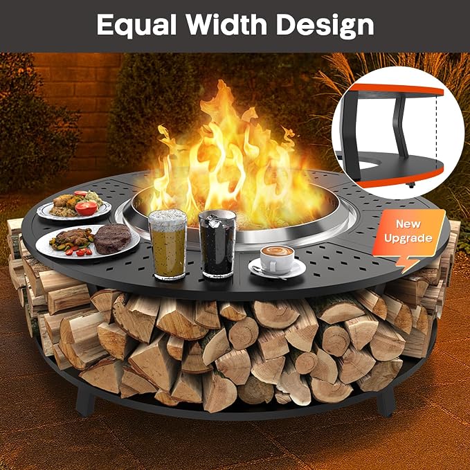 Uniflasy 48" Fire Pit Surround Tabletop for Solo Stove Yukon, Bonfire & Tiki, Portable Protective Barrier Equal Width Design with Firewood Storage Shelf for Safety & Extra Space, Outdoor FirePit Table
