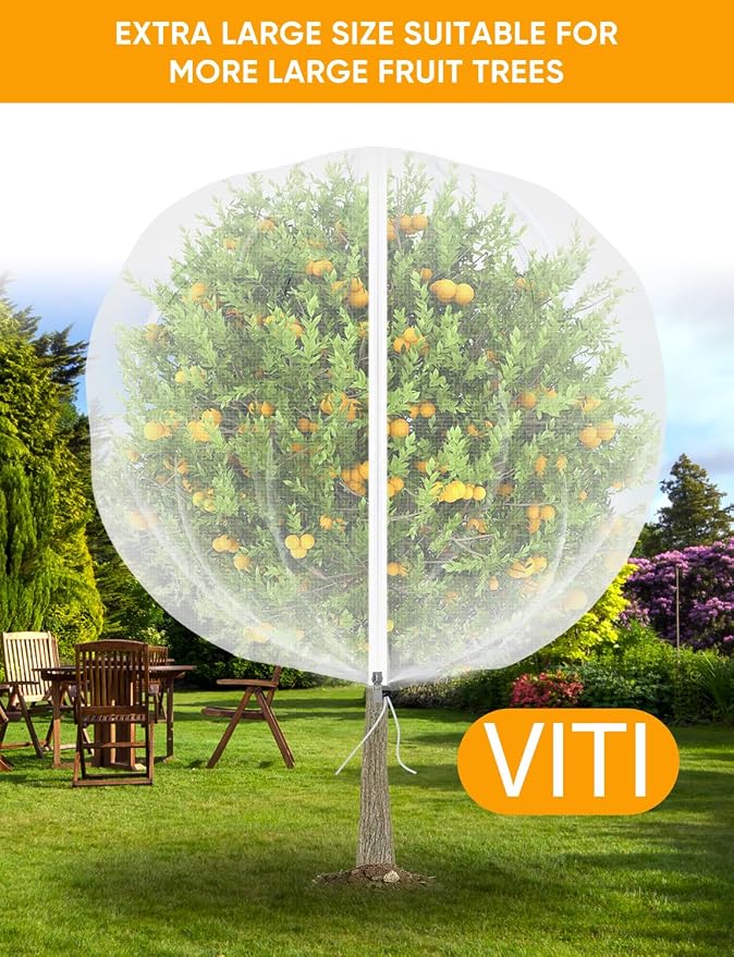 VITI Fruit Tree Netting for Cicadas - with 4Pcs 3.3Ftx3.3Ft Zipper&Drawstring Protection for Your Fruit Trees Garden Bird Netting Covers Blueberry Bush Tomato Bug Plant Protection Cherry Apple Tree