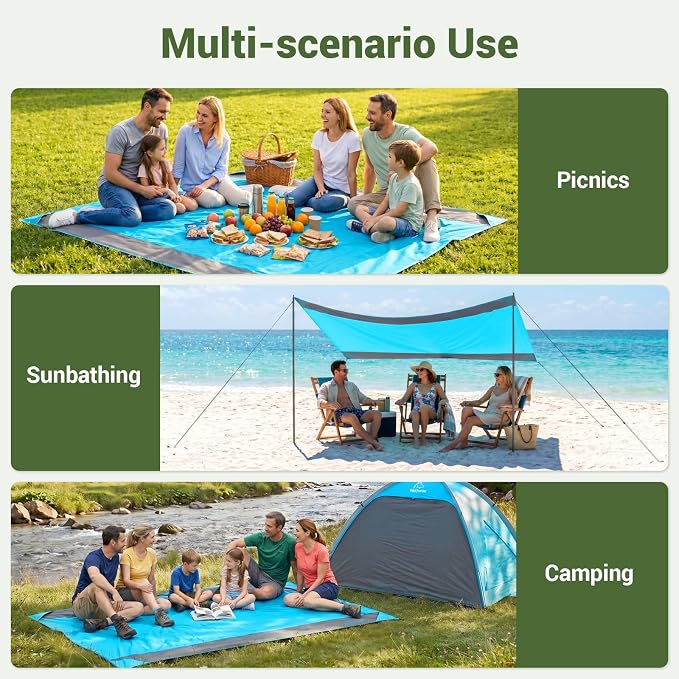 Wolfwise 78" × 81" XXL Beach Blanket, Waterproof & Sandproof Picnic Mat with 4 Sand Pockets & 4 Stakes, Windproof Outdoor Camping Beach Mat, Lightweight, Fits 4 People, Green