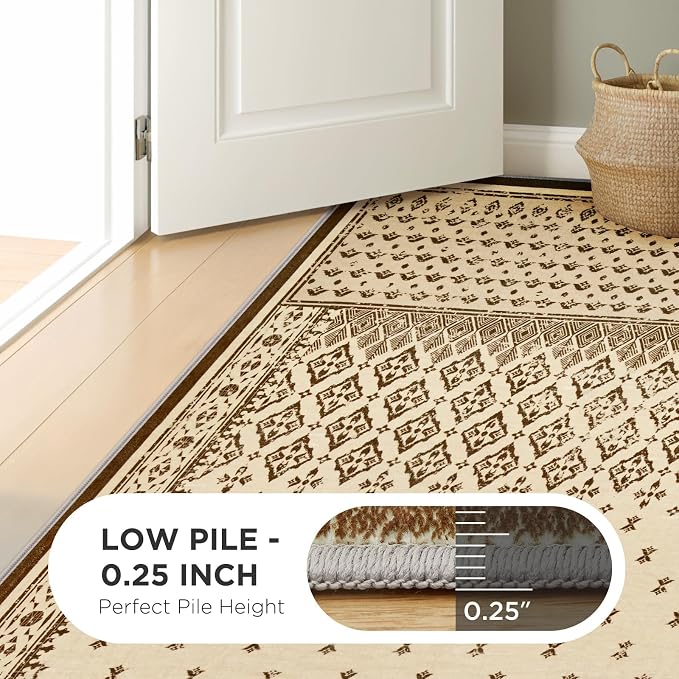 Joydeco 8x10 Area Rug for Living Room, Vintage Washable Rugs for Bedroom | Large Boho Geometric Low Pile Non Slip Ultra Thin Distress Indoor Throw Floor Carpet For Dining Room Home Office Dorm Beige