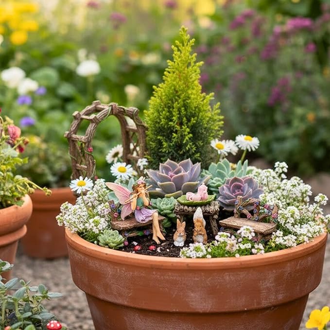 PRETMANNS Fairies for Fairy Garden Accessories for Outdoor - Figurine Bella and Furniture for Miniature Set with Squirrel, a Bunny, 4 Ladybugs - Ideal for Fairy Garden Starter Kit - 14 Piece Supplies | Fairy Garden Accessories Kit, Figurines & Garden F...