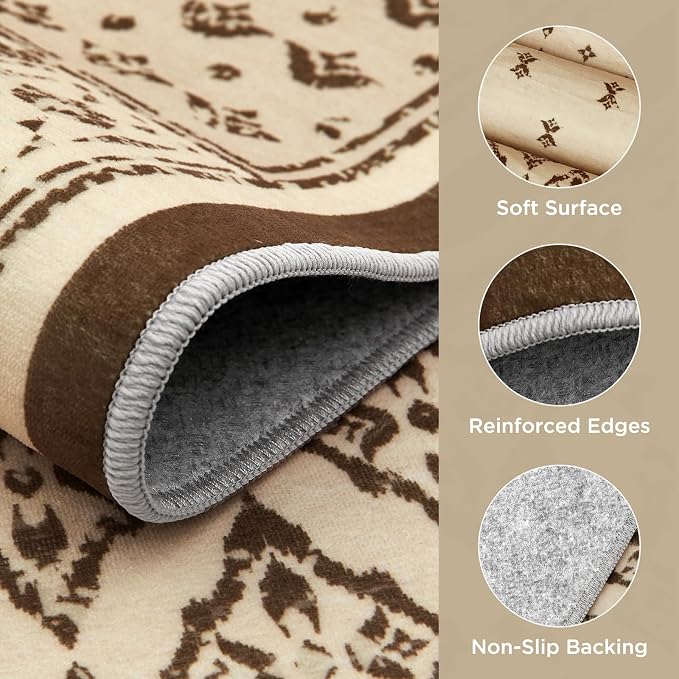 Joydeco Living Room Area Rug 6x9, Geometric Washable Rugs for Bedroom | Vintage Boho Non Slip Low Pile Soft Ultra Thin Distress Indoor Throw Floor Carpet for Dining Room Home Office Farmhouse Beige