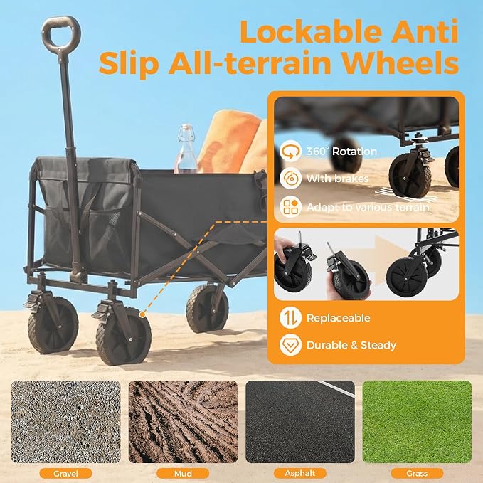 NEWBULIG Collapsible Wagon Cart, 102L Standard, Portable Heavy Duty Pull Cart with Lockable Wheels, 330 lbs Capacity, Adjustable Handle for Beach, Sports, Camping, Shopping & Garden, Black