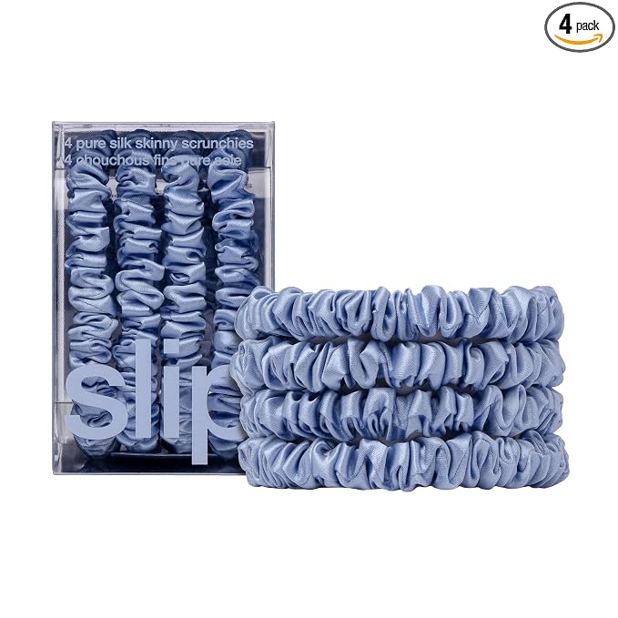Slip Silk Hair Ties — Skinny Silk Cornflower Scrunchies, No Damage, No Crease, Anti-Breakage |100% Mulberry Silk | All Hair Types | Made with Proprietary Slipsilk™ | Set of 4