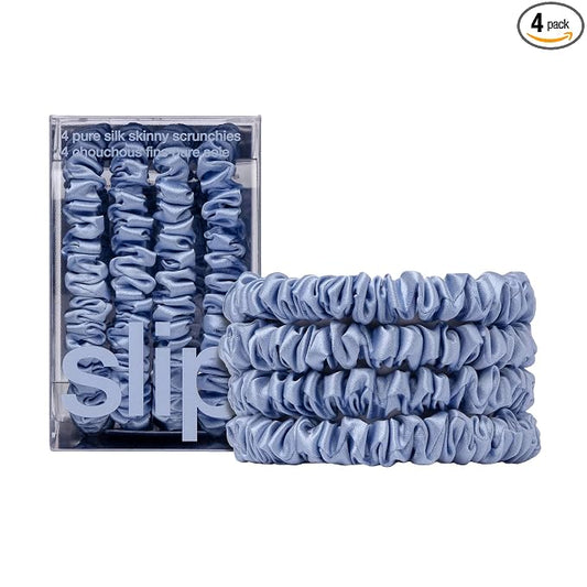 Slip Silk Hair Ties — Skinny Silk Cornflower Scrunchies, No Damage, No Crease, Anti-Breakage |100% Mulberry Silk | All Hair Types | Made with Proprietary Slipsilk™ | Set of 4