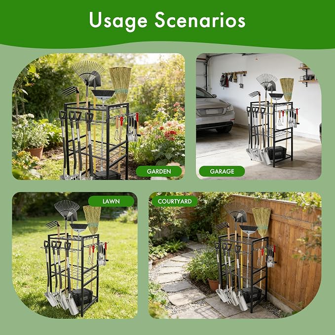 Garden Tool Organizer‑70‑Hole Garage Storage Rack with Adjustable Feet & Sturdy T‑Handle Hooks, Broom/Mop Holder for Yard, Shed, Multi‑Scene Use, No‑Tool Assembly, Black Garage Storage Rack