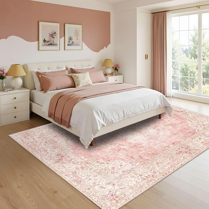 Latte&Fog Large Area Rugs 6x9, Vintage Washable Pink Rugs for Living Room | for Dining Kitchen Kids Nursery Playroom Guest Room Classroom Dorm Farmhouse Office, Non Slip Low Pile Soft Floral Carpets