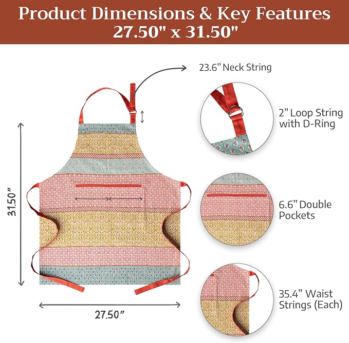 Maison d' Hermine Aprons for women with Pocket 100% Cotton (27.50"x31.50") | Adjustable Neck Strap & long ties Apron Men Chef Wedding Cooking Gardening Server Maid