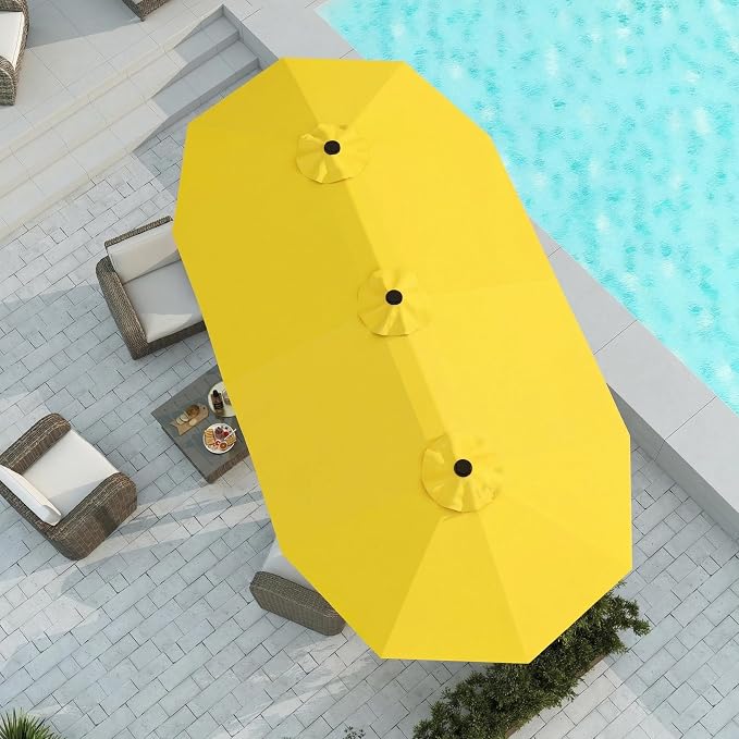 15FT Large Patio Umbrella with Base Included, Double Sided Outdoor Market Umbrella with Flexible Fiberglass Ribs, UV-Blocking Extra Large Umbrella for Garden, Pool, Deck, Sunshine Yellow