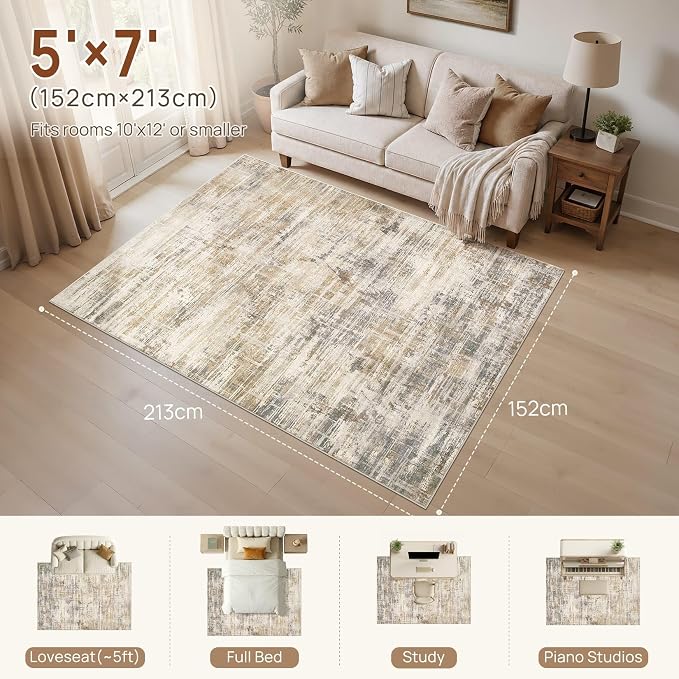 UERMEI 5x7 Area Rug for Living Room Washable Abstract Golden Brown Carpet | Low Pile Non-Slip Soft Neutral Modern Kid Pet Friendly Large Rugs For Bedroom Dining Room Nursery Office Indoor Decor