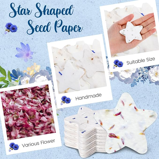 Dunzoom 50 Pcs Handmade Seed Paper Plantable Wildflower Seed Paper Recycled Flower Petals Tags Wedding Favors for Guests Craft Gifts Cards for Envelope Birthday Party, 5 Styles (Star)