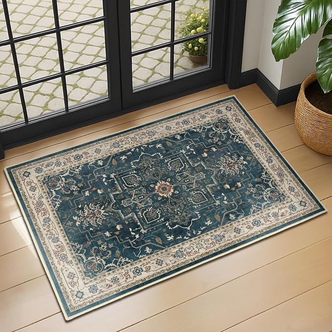 Vintage Distressed 2x3 Kitchen Rugs Washable Non Slip, Medallion Door Mat Indoor Entrance Entryway, Small Low Pile Rugs for Bedroom/Bathroom Vanity/Laundry Room, Deep Blue/Multi