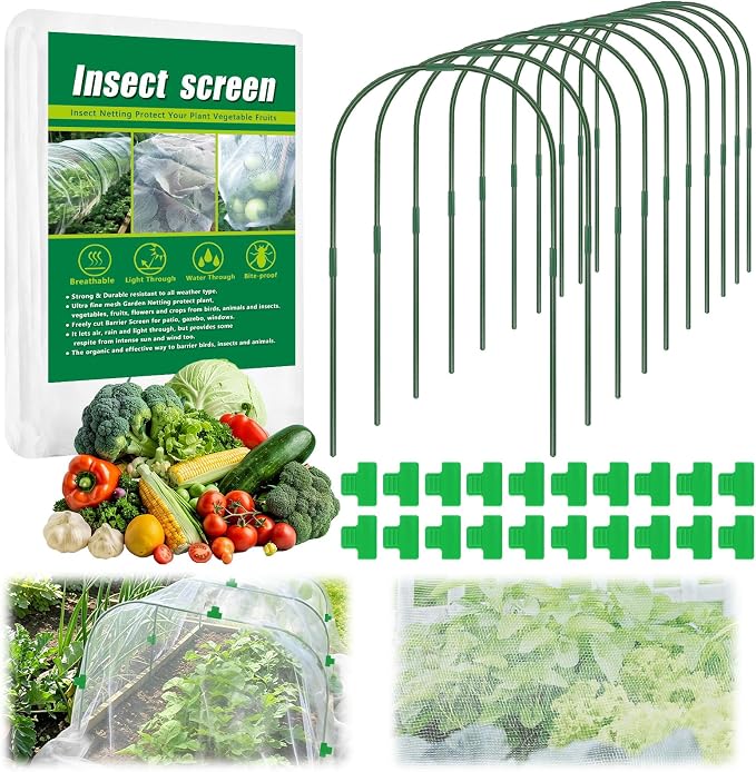10 X 50 FT Garden Mesh Netting Kit Pest Barrier for Raised Beds, Fruit Tree Netting with 10 Sets Garden Hoops & 20 Clips for Cicadas Bird Insect, Blueberry Bush Netting Cover for Garden Protection
