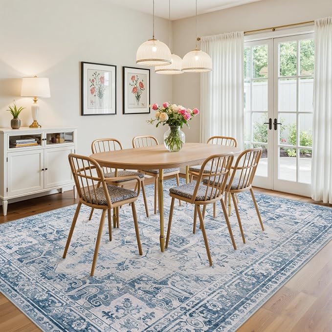 9x12 Washable Area Rugs for Living Room Blue Grey Non-Slip Rug | Vintage Medallion Rug，Soft Low Pile Large Rugs，Indoor Retro Carpet for Bedroom Nursery Dining Table Farmhouse Home Office