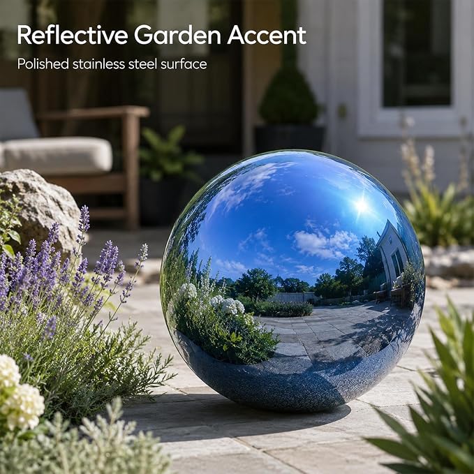 Gazing Ball Garden Mirror Outdoor - 10 Inch Outside Decorative Globe, Blue | Metal Polished Reflective Sphere, Stainless Steel Hollow Decoration Ornament for Home Pond Swimming Pool Housewarming Gift