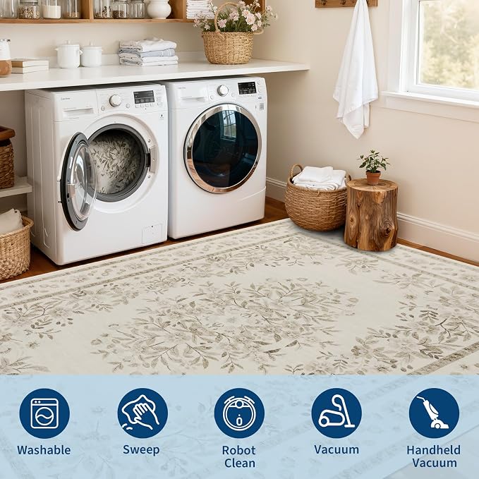 GarveeHome 3x5 Beige Rug for Laundry Room Vintage Flower Leaf Carpets | Vintage Floral Botanical Throw Rugs for Bedroom Non-Slip Low Pile Machine Washable Area Rug for Nursery Room Hallway Kitchen