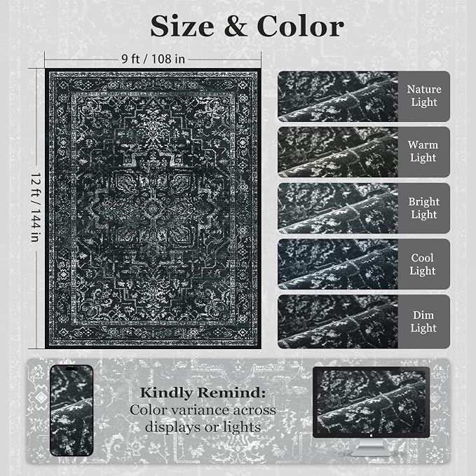 Dark Distressed Washable Area Rugs 9x12 Living Room, Black Vintage Medallion Printed Big Carpet Rugs for Bedroom, Washable Non Slip Low Pile Thin Rugs for Dining Room Home Office