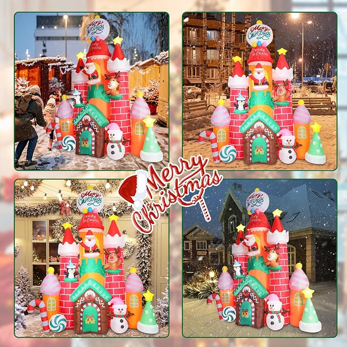 MUMTOP 10FT Christmas Inflatables Outdoor Decoration, Candy Castle Christmas Inflatable with Santa,Snowman,Elk,Penguin and Built-in Led Lights Blow Up Inflatable for Outdoor Party Garden Decoration