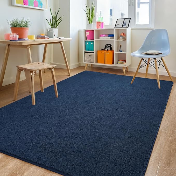 7x10 Navy Blue Area Rug Modern Aesthetic Minimalist | Washable Memory Foam, Low Pile Non Slip Indoor Carpet for Living Room Bedroom Office Classroom College Dorm Room Home Decor