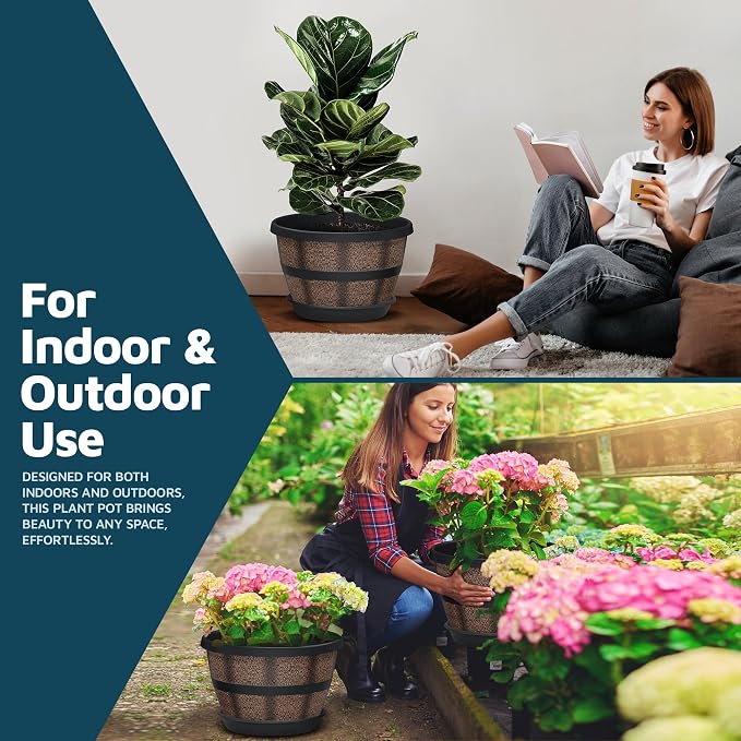 10-Inch Whiskey Barrel Planters Outdoor Pack of 5 - Durable Plastic Plant Pots for Indoor & Outdoor Use with Drainage & Saucer, Lightweight Rustic Barrel Planters for Flowers, Herbs & Small Plants