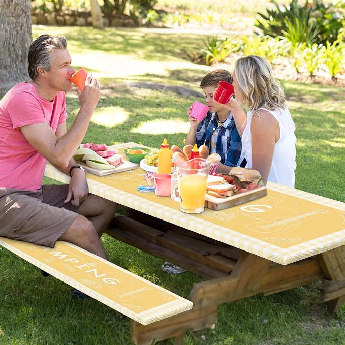 Picnic Table Cover with Bench Covers Elastic Edges, Yellow Camper Fitted Table Cover, Outdoor Patio Camping Essentials 72 Inch 3PCS, Waterproof Camping Fitted Tablecloth with Drawstring Bag