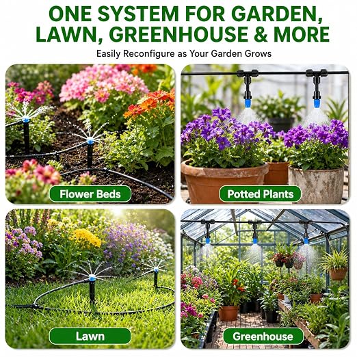 300FT Drip Irrigation System Kit, Quick Push-to-Connect Auto Garden Watering Irrigation System with 70FT 1/2'' & 230FT 1/4'' Tubing, Adjustable Dripper Sprayers for Raised Bed, Lawn, Greenhouse