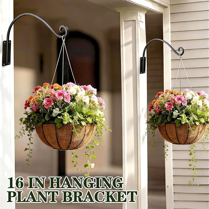 Heavy Duty 16 Inch Plant Hangers Bracket Outdoor, 60lbs Weight Capacity-2 Pack Metal Wall Hooks for Hanging Plants, Bird Feeder, Wind Chime, Wall Decor, Plant Hanger Hooks for Hanging Flower Baskets