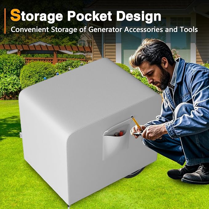 EVRBUL Generator Cover, 32”L x 24”W x 24”H Heavy Duty Waterproof 420D All-Weather Generator Cover with Storage Pocket Compatible with Most Generators 5000-10000 Watt (Gray)