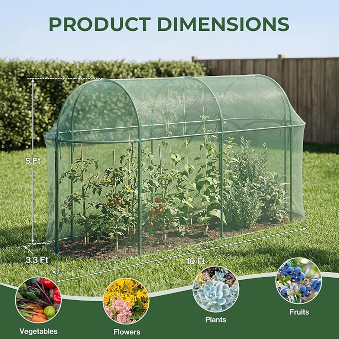 Aoodor 10 x 3 x 5 Ft Plant Protection Grow Tent Arched Roof Crop Cage with Side Netting Zippered Door for Protect Plants, Herbs, Fruits, Green