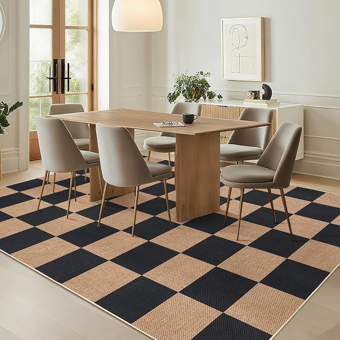 GarveeHome Easy Jute Area Rugs 6x9 for Living Room Non-Slip Backing Checkered Rugs Machine Washable Modern Indoor Outdoor Carpets for Dining Room Nursery Patio Bedroom Backyard Camping Black Tan