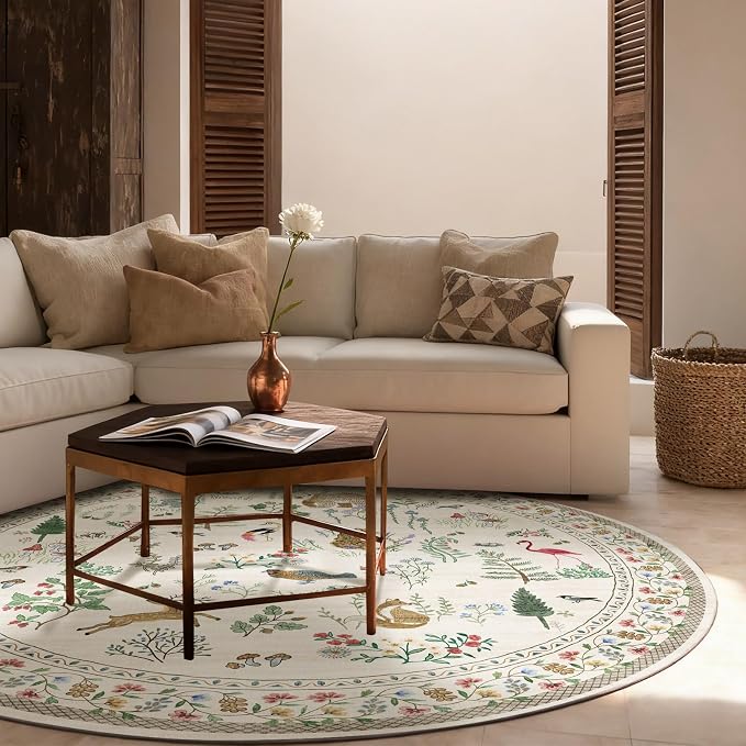 Washable Round Rugs for Bedroom 4ft: Living Room Rug Stain Resistant Non Slip Low Pile Ultra Soft Faux Wool Small Circle Rugs for Entryway Kitchen Nursery Bathroom Entrance Dorm Home Office Indoor