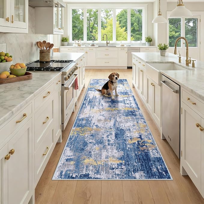 RELEANY Washable Runner 3'x8' Abstract Area Rug for Hallway Blue Gold | Carpet for Kitchen, Entryway, Bathroom, Living Room, Bedroom, Printed Pattern, Non‑Slip, Soft, Stain‑Resistant, Easy to Clean