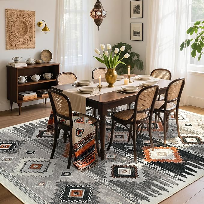 BENRON Western Rugs for Living Room Bedroom 5x7, Non Slip Washable, Cream | Southwest aztec Area Rugs for Dining Table Kitchen Home Decor, Geometric