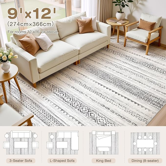 kakania Washable 9x12 Area Rug for Living Room: Boho Geometry Home Decor | Soft Stain Resistant, Low-Pile, Non-Slip, Pet & Kid Friendly, Thin Rug for Bedroom/Dining Room/Kids Dorm - Square Grey