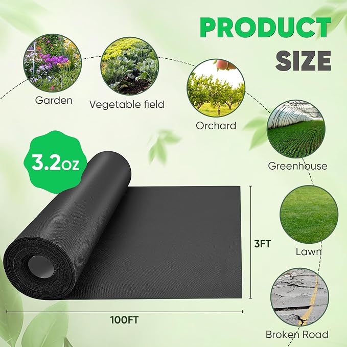 Non-Woven Thick Weed Barrier Fabric 3FT x 180FT, 3.2 oz Heavy Duty Weed Barrier Landscape Fabric, Ground Cover for Superior Weed Control, Easy Setup for Gardens, Landscaping, Flower Beds