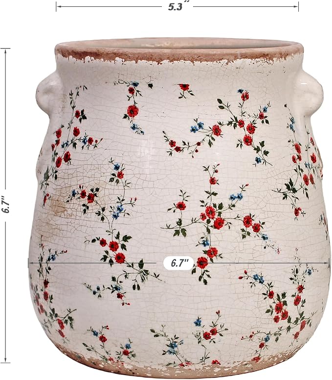 Xiaan Jiaju Ceramic Vases for Centerpieces, Shabby Chic Vase & Flower Pot with Drainage, Country Chic Decor for Office Room Garden Balcony Mantel Fireplace Table & Shelf, Red Floral