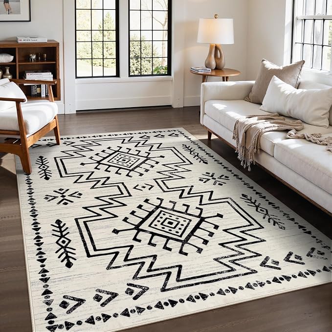 Lahome 5x7 Moroccan Living Room Rug, Western Washable Area Rugs for Bedroom | Boho Soft Low Pile Non Shedding Distressed Aztec Dining Room Carpet for Office Home Decor (Ivory)