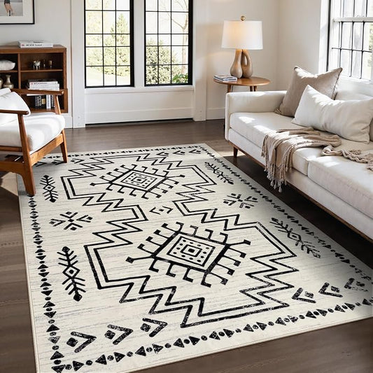 Lahome 5x7 Moroccan Living Room Rug, Western Washable Area Rugs for Bedroom | Boho Soft Low Pile Non Shedding Distressed Aztec Dining Room Carpet for Office Home Decor (Ivory)
