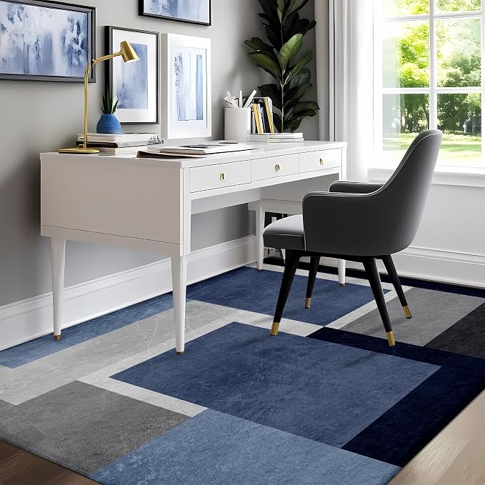 Washable Low-Profile Geometric Area Rug, 0.2 inch Thin Abstract Rug Design for Living Room & Bedroom Decor, 5x7 ft Blue Grey Modern Non-Slip Floor Rug