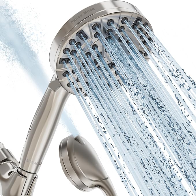 BESAQUO Shower Head, 9 Settings High Pressure shower head with handheld, Built-in Pause Mode & Power Wash, Non-Clogging Nozzles, 6ft Hose,Bracket(Satin Nickel, 9 Settings)