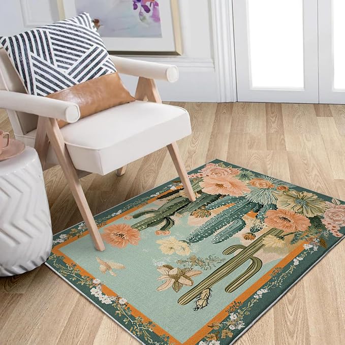 2x3 Cactus Flower Area Rugs Boho Tropical Floral Botanical Green Rug for Bathroom Kitchen Entryway Indoor Soft Non-Slip Thin Carpet Modern Rugs for Dining Room Under Table Washable Machine