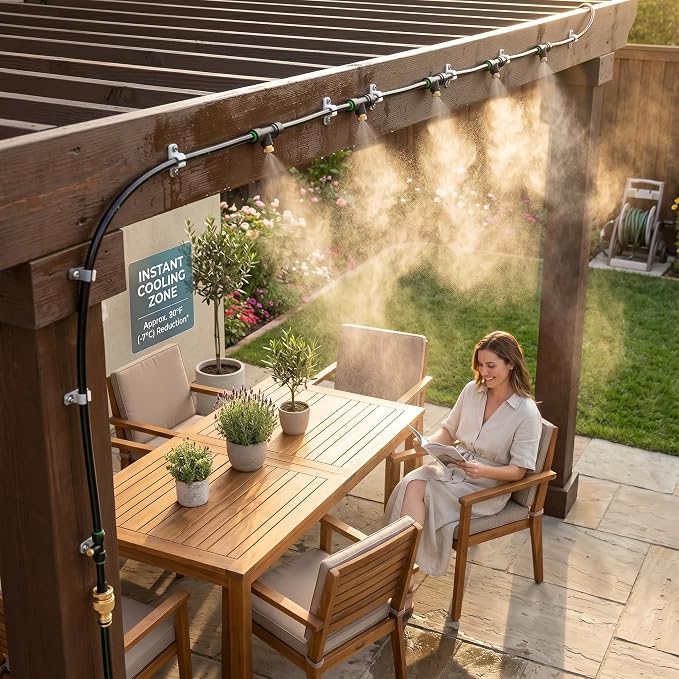 Misters for Outside Patio 63FT(19.2M)+21 Brass Mist Nozzles+a Brass Adapter(3/4") Detachable outdoor misting cooling system for Garden, waterpark, Greenhouse, Backyard, Fan, Umbrella, Deck, Canopy